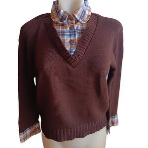 Women's Medium Vintage 70's Brown V-Neck Sweater Layered Look Cottage Granny